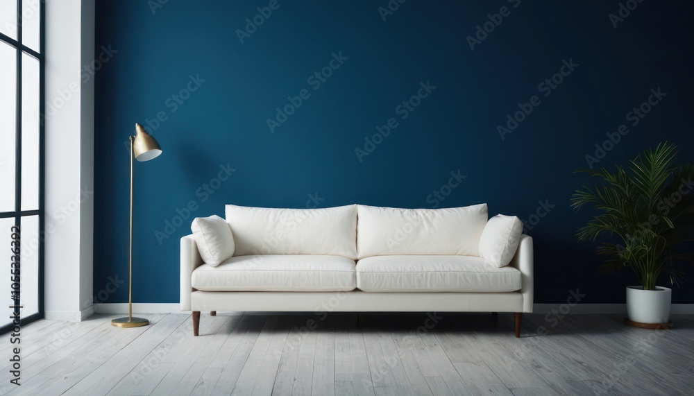 White minimal sofa with blue wall room White minimal sofa with blue wall room