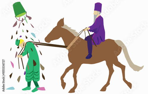 Haman leads Mordecai the Jew on the horse. A painting of a scene from the Book of Esther of the Jewish holiday of Purim. A bucket of garbage was poured on the minister's head. Artistic vector 