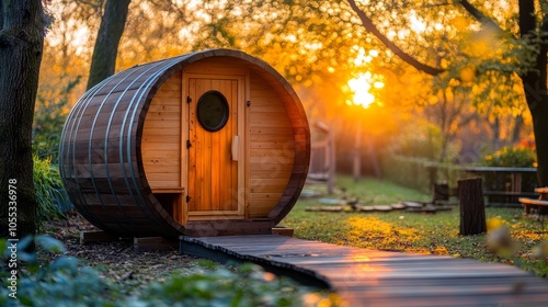 Wooden Barrel Sauna, Tranquil Garden Retreat with Pathway Entrance, Bathed in Golden Sunset