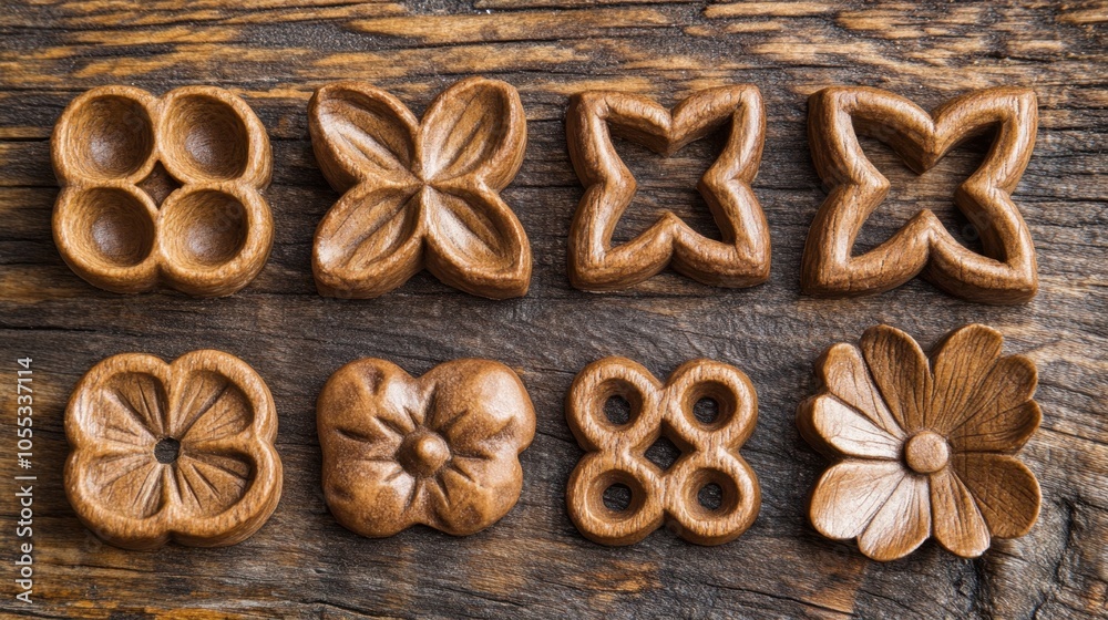 Wooden Cookie Cutters with Unique Shapes on Rustic Background. National Spicy Hermit Cookie Day Wooden Cookie Cutters with Unique Shapes on Rustic Background. National Spicy Hermit Cookie Day