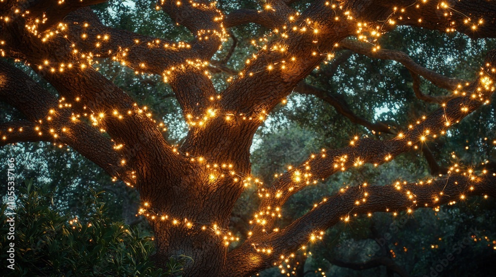 Magical evening glow of a tree wrapped in twinkling lights in a serene garden setting Magical evening glow of a tree wrapped in twinkling lights in a serene garden setting