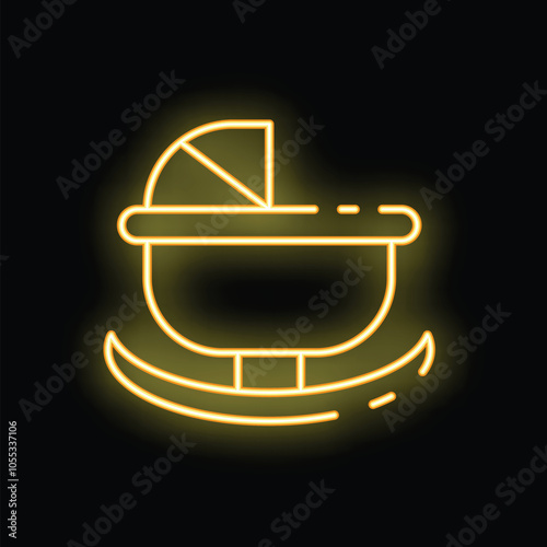 Yellow glowing neon sign depicting a baby cradle rocking gently, set against a dark background