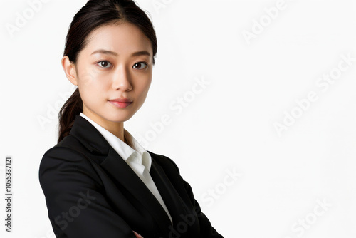 close up horizontal image of a young asian business lady in front of a white background, copy space