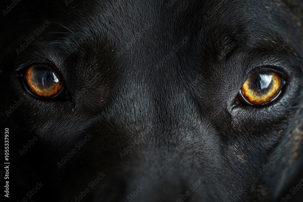 Black dog showing intense amber eyes and dark fur in close-up Black dog showing intense amber eyes and dark fur in close-up