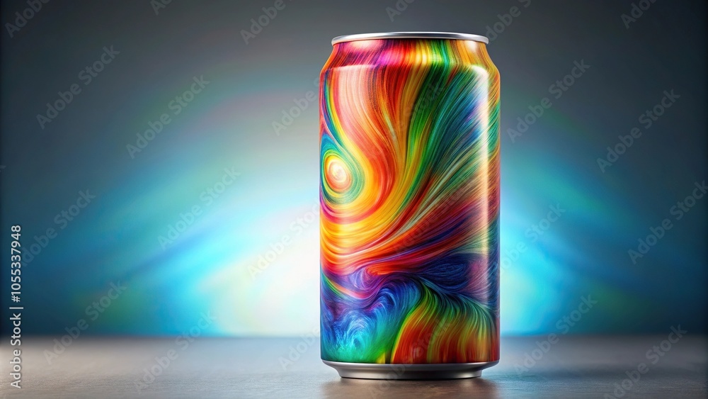 Obraz premium A close-up shot of a colorful energy drink can with a unique label design and vibrant colors, youthful beverages, energizing drinks, unique packaging