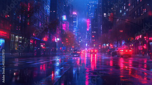 Futuristic Rainy Cityscape Illuminated by Neon Signs