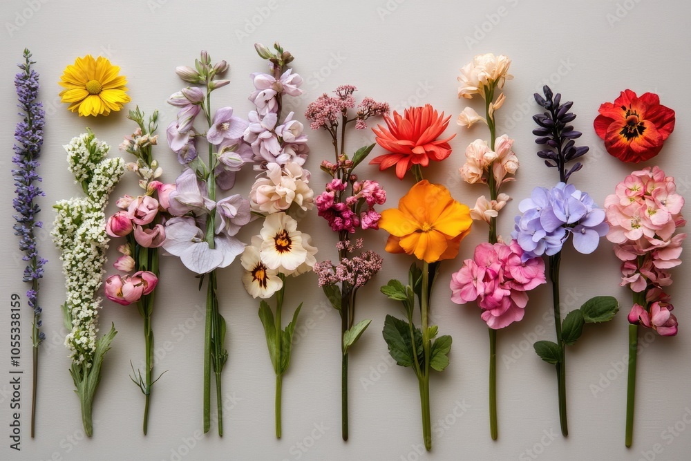 Colorful flower stems arranged on gray background creating a vibrant rainbow spectrum Colorful flower stems arranged on gray background creating a vibrant rainbow spectrum