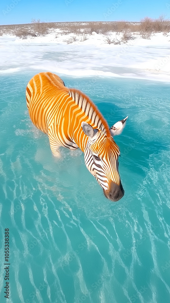 Fototapeta premium Aerial view of a zebra walking across and deep into a series of thin black lines, great optical illusion art