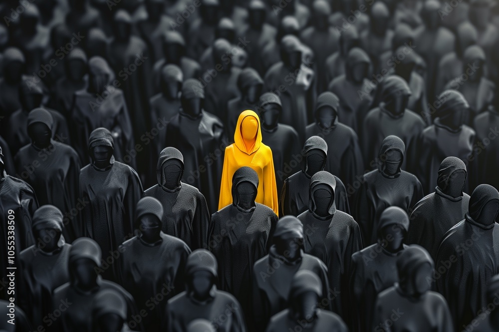 Obraz premium The yellow figure stands out from crowd concept