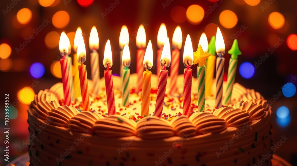 Colorful Birthday Candles on a Cake with White Icing and Sprinkles for Celebrations Colorful Birthday Candles on a Cake with White Icing and Sprinkles for Celebrations