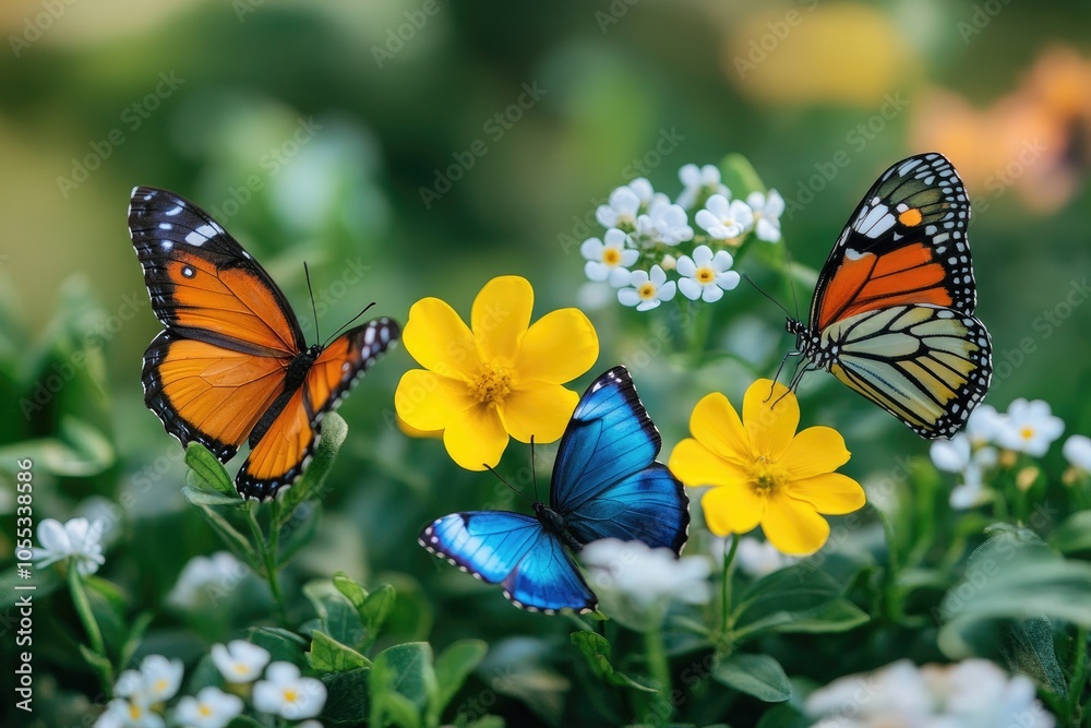 Colorful butterflies flying around yellow and white flowers in garden Colorful butterflies flying around yellow and white flowers in garden