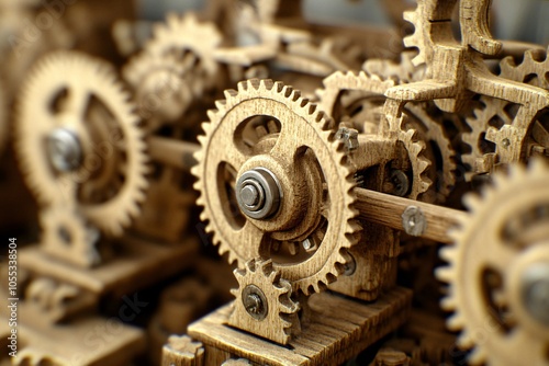 Wooden Gears: Close-up of a Intricate Mechanical Machine