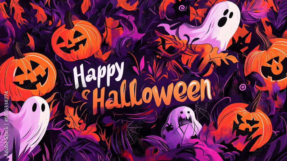 scary happy halloween card background as wallpaper with ghosts, pumpkin and witch
scary happy halloween card background as wallpaper with ghosts, pumpkin and witch
