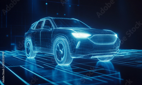 Futuristic 3D Wireframe Crossover SUV on a Digital Grid