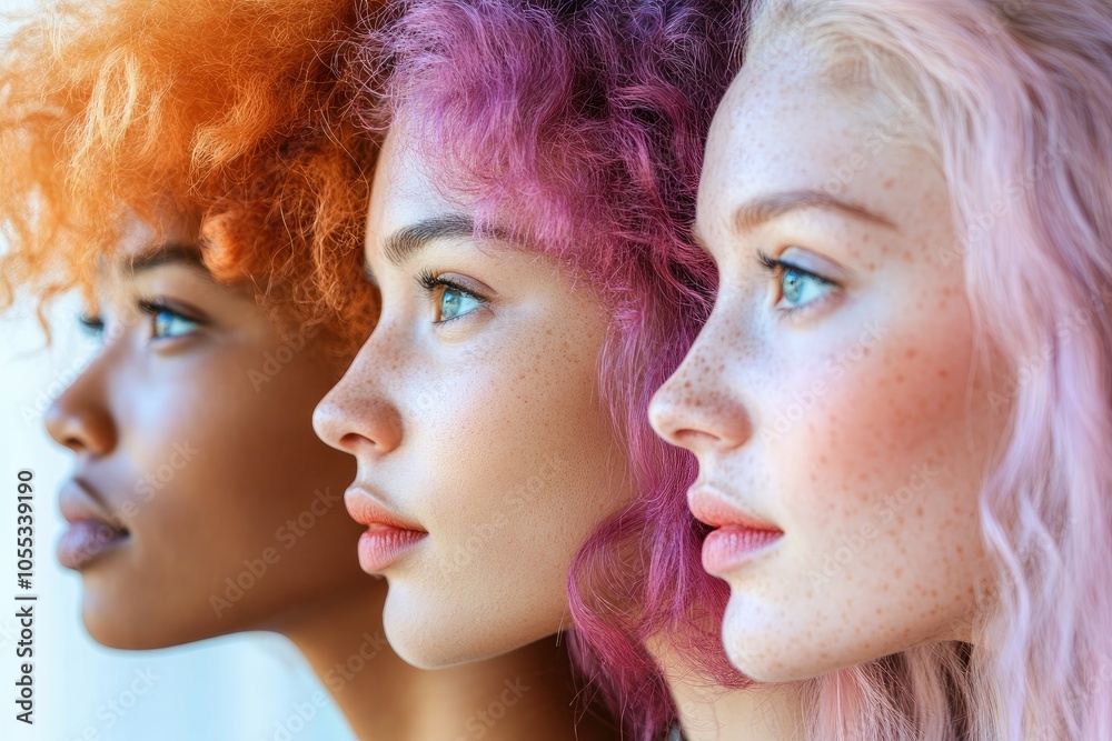 Three female models showing colorful dyed hairstyles Three female models showing colorful dyed hairstyles