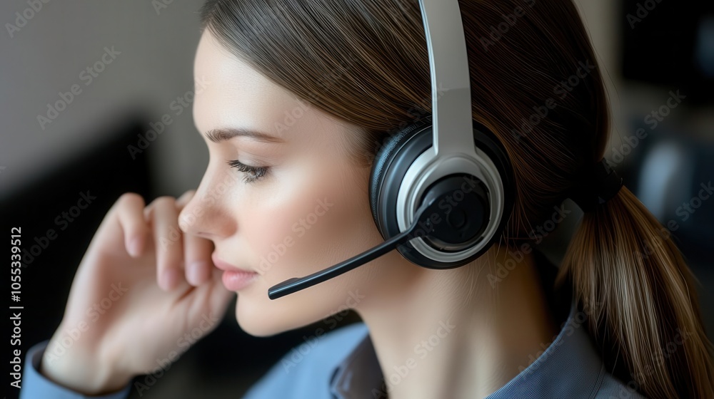 Female agent in a call center adjusting her headset, focus on customer care quality Female agent in a call center adjusting her headset, focus on customer care quality