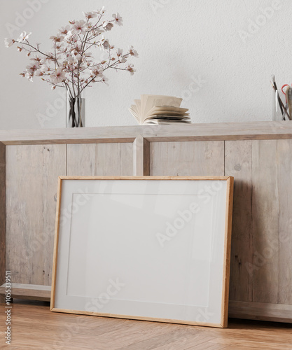 One blank mockup, frame in room, interior empty frame art background, 3D render.