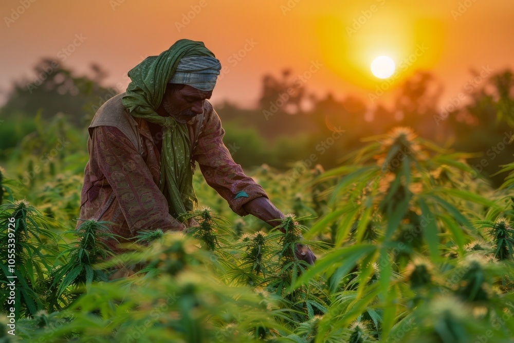 Indian Farmer Tending to Crops of Legal Medical Marijuana at Sunset