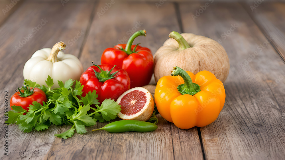 A white, orange, yellow, and red bell pepper, a white pumpkin, a red tomato, a green chili pepper, a grapefruit, and parsley leaves arranged on a rustic wooden table. A white, orange, yellow, and red bell pepper, a white pumpkin, a red tomato, a green chili pepper, a grapefruit, and parsley leaves arranged on a rustic wooden table.