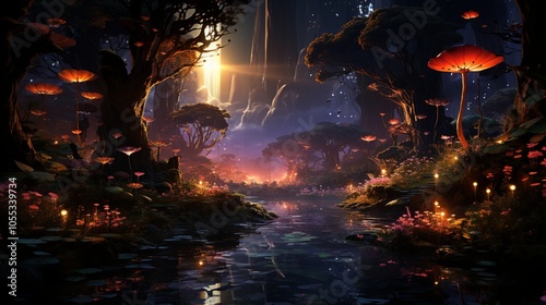 Mystical forest with a stream, glowing particles and rising sun in the distance
