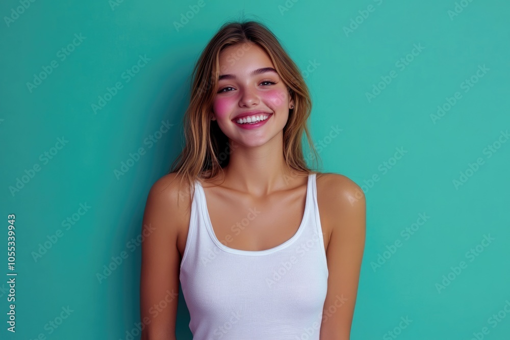 Cheerful girlfriend in white tank top smiling in full body photo. Cheerful girlfriend in white tank top smiling in full body photo.