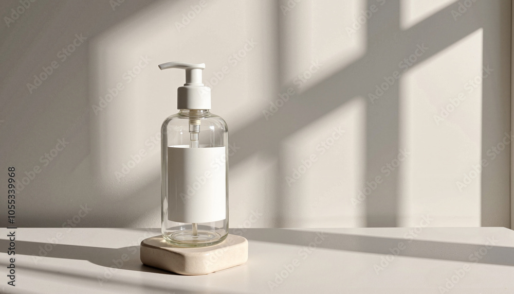 Obraz premium Packaging mockup for skincare product. Isolated clear pump bottle on beige platform