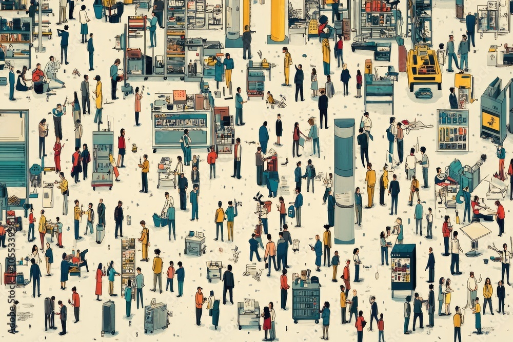 Fototapeta premium Crowd of people walking and interacting in a busy marketplace or convention center