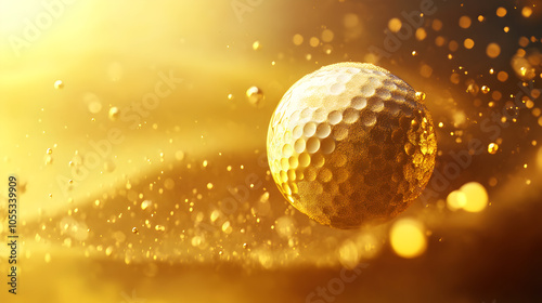 A golden golf ball surrounded by glittering particles against a blurry background.
