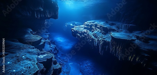 A deep ocean trench with geological formations illuminated by bioluminescence