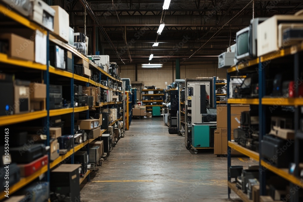 A warehouse with shelves full of old electronics A warehouse with shelves full of old electronics