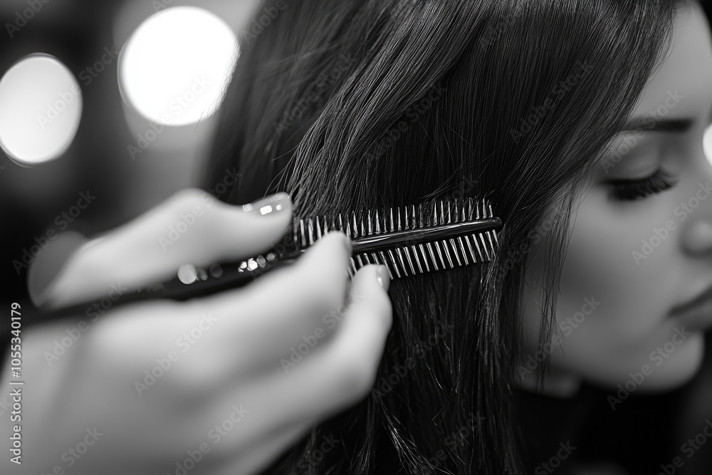 Obraz premium Hairdresser combing woman's hair in salon with blurred background