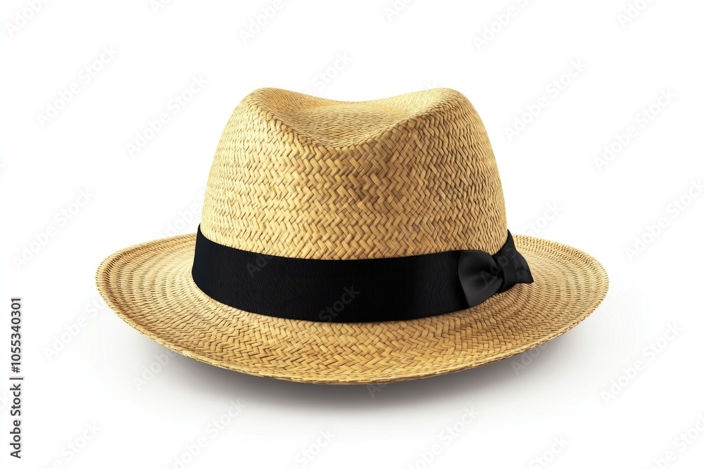 Straw hat with black ribbon for head protection. Straw hat with black ribbon for head protection.