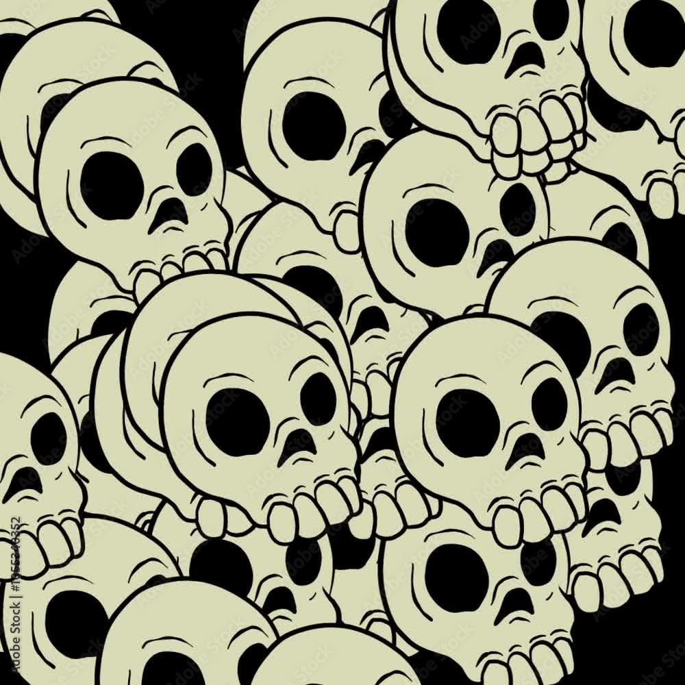 Un conjunto de calaveras bailarinas que se agitan sobre un fondo negro. Vídeo cuadrado tipo dibujos animados