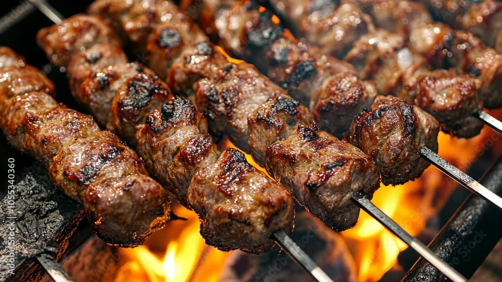 Grilled meat skewers cooking over an open flame Grilled meat skewers cooking over an open flame