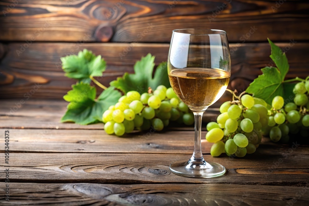 Fototapeta premium A glass of white wine on a wooden table with a few fresh grapes scattered around it, wine glass, fine dining, grapes, crystal glass