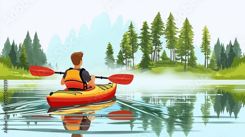 Kayaker Paddling Through Misty Lake with Trees - 2D Cartoon Illustration