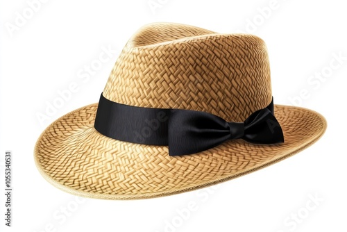 Straw hat with black ribbon for head protection.