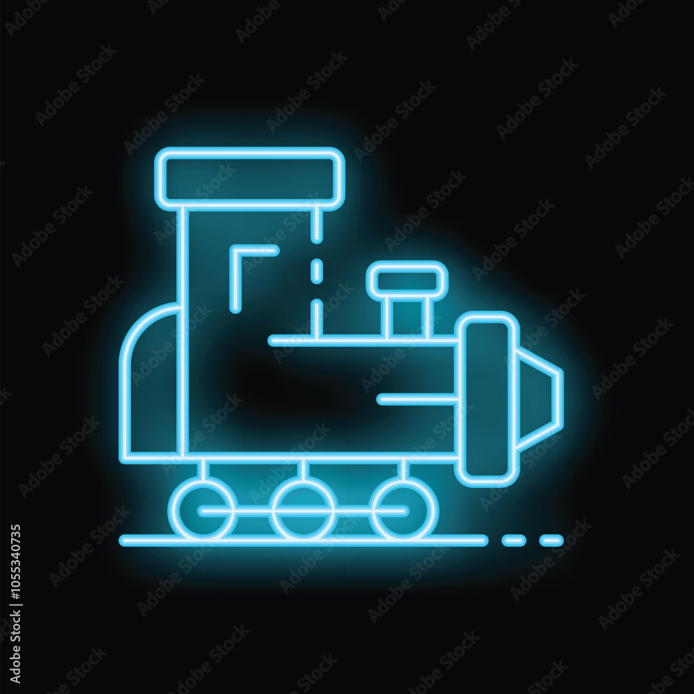 Blue neon icon of a train glowing against a dark background Blue neon icon of a train glowing against a dark background