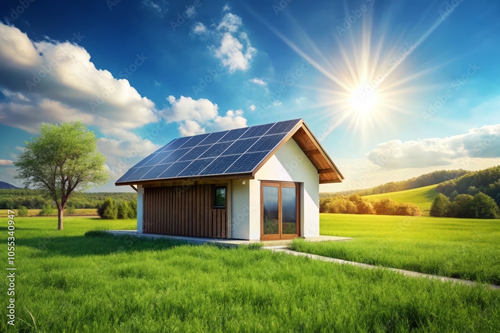 Minimalist House with Solar Panel in Lush Green Field, Sustainable Living, Eco-Friendly Home, Nature, Clean Energy, Modern Architecture, Green Landscape, Tranquil Environment