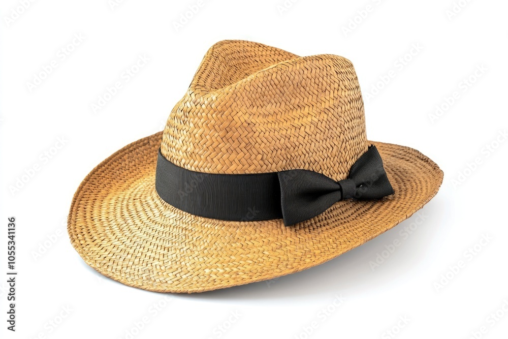 Panama hat style straw hat with black ribbon for head protection. Panama hat style straw hat with black ribbon for head protection.