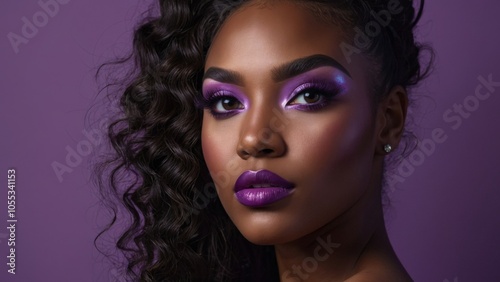 African American fashion Model with Purple Makeup on Purple Background, purple lipstick and eyeshadows on a black model