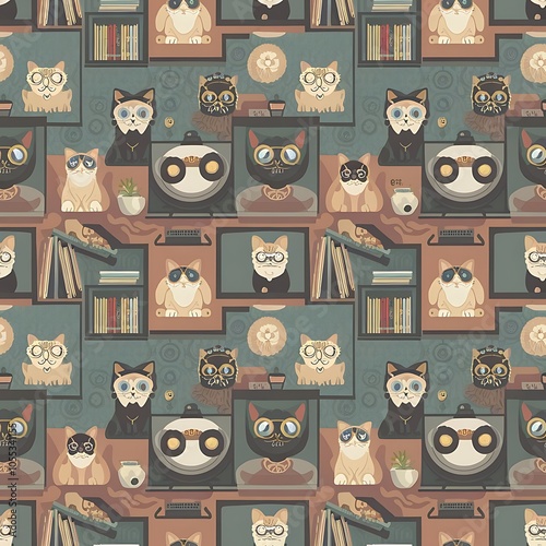 Seamless pattern with hipster cute cats for children