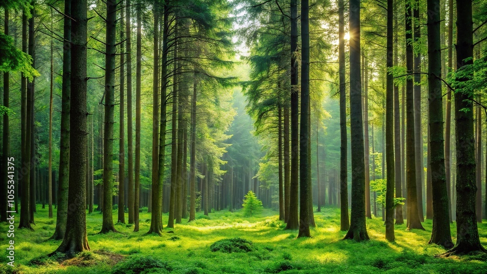 Obraz premium A lush forest with tall trees standing in front of a serene green background, leafy greens, woodsy atmosphere, foliage, verdant woods