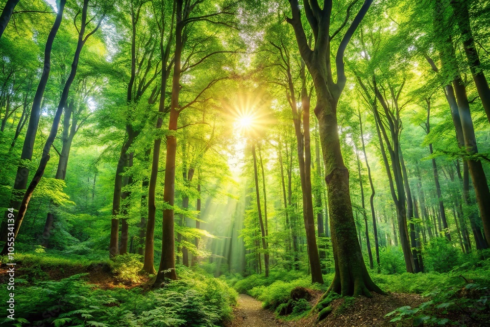 Naklejka premium A lush forest with towering trees and vibrant foliage that represent the cycle of life and renewal, branches, serenity, balance, growth