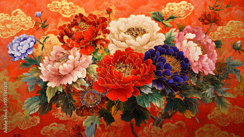 Fototapeta Naklejka Na Ścianę i Meble -  A vibrant painting of peonies with a red background and gold accents.