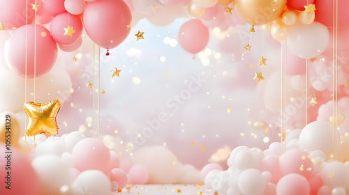 A whimsical backdrop of pink and gold balloons, stars, and clouds with a blurred background, ideal for a birthday celebration or special event.