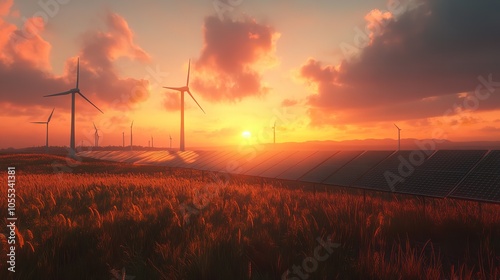 Solar Panels and Wind Turbines Under Sunset Background