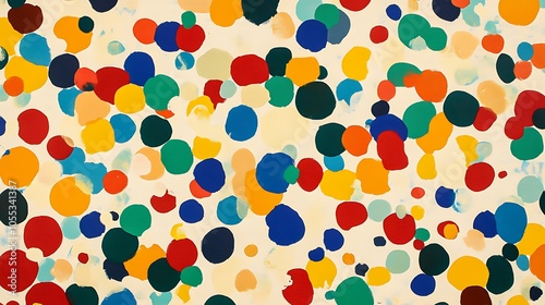A playful abstract background with confetti-like dots in bright primary colors, layered over a soft, off-white base, giving a lively and joyful appearance