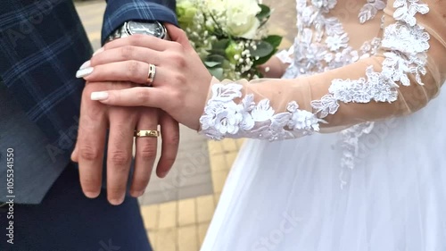 Newly Married Couple Holding Hands with Bouquet  Close up Video