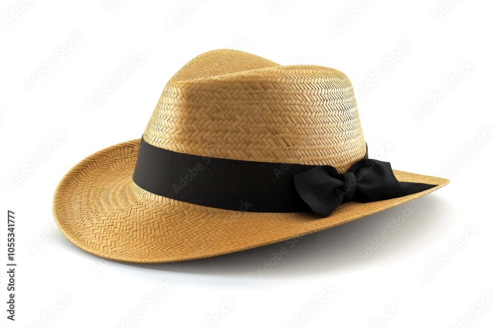 Panama hat style straw hat with black ribbon for head protection. Panama hat style straw hat with black ribbon for head protection.
